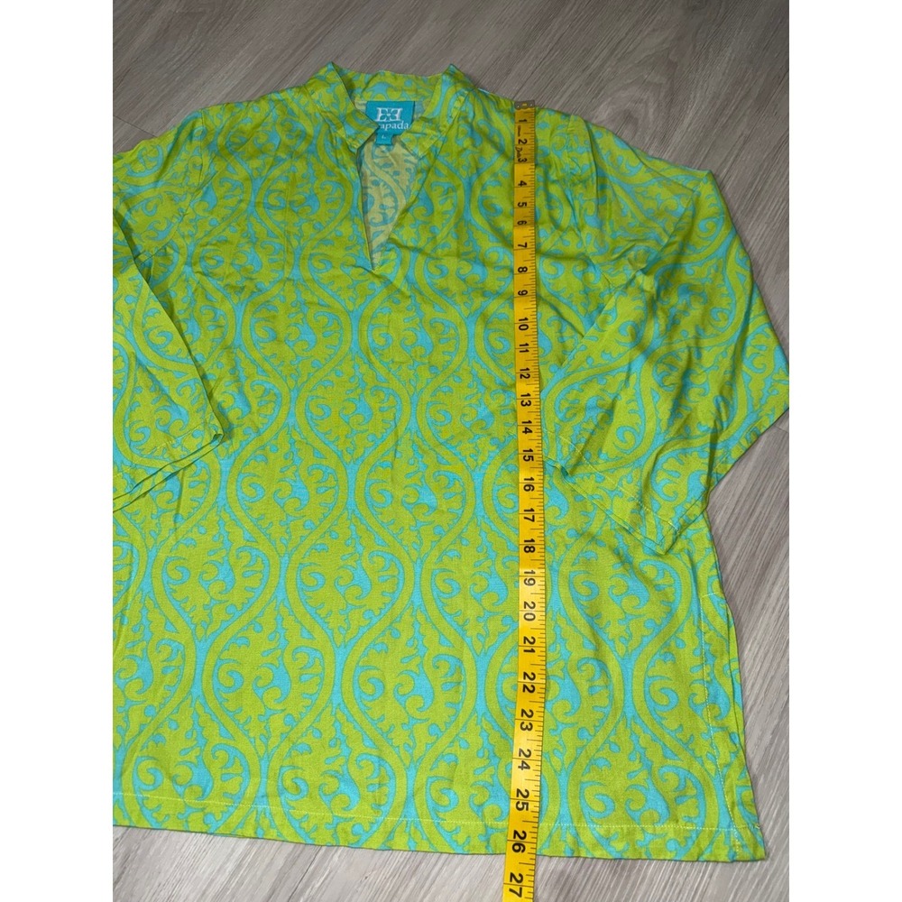 Escapada Womens Tunic Top L Lime Green Turquoise Blue Damask 3/4 Sleeve V-Neck - Picture 6 of 11